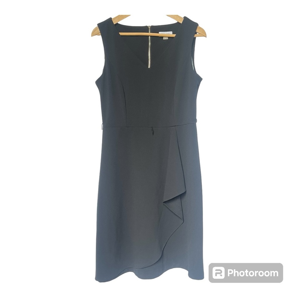 Calvin Klein classic black dress side ruffle detail and belted waist size 10